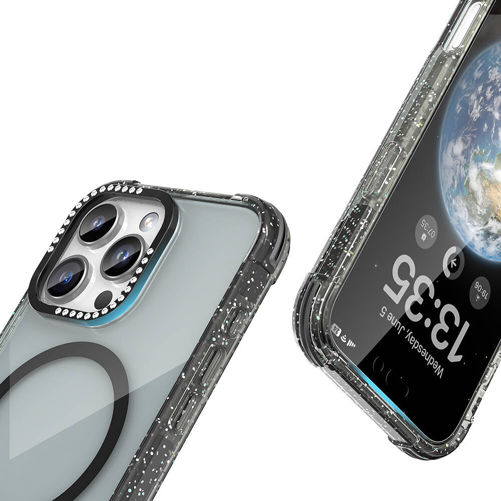 iPhone 16 Pro Max Kılıf Magsafe Şarj Özellikli Taşlı ve Simli Tasarım Mutural Blink Kılıf Mavi