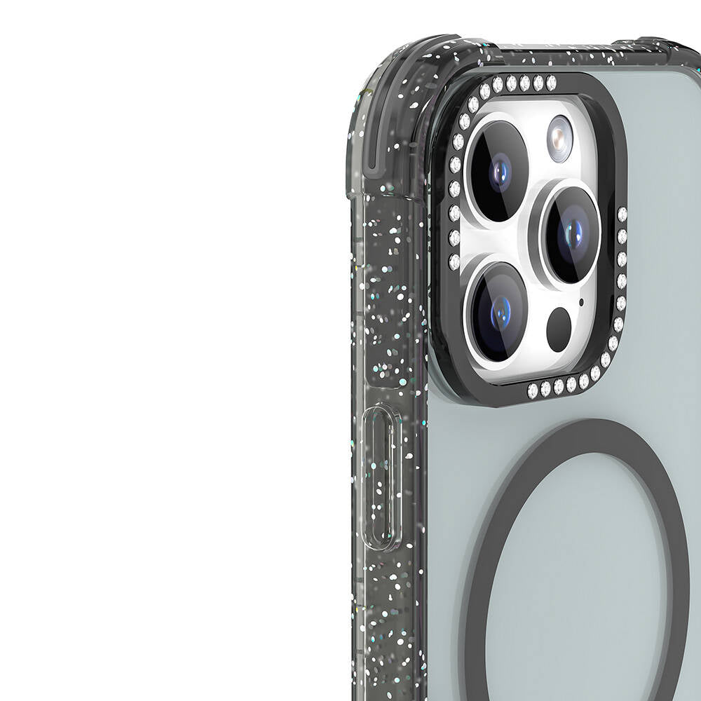 iPhone 16 Pro Max Kılıf Magsafe Şarj Özellikli Taşlı ve Simli Tasarım Mutural Blink Kılıf Mavi