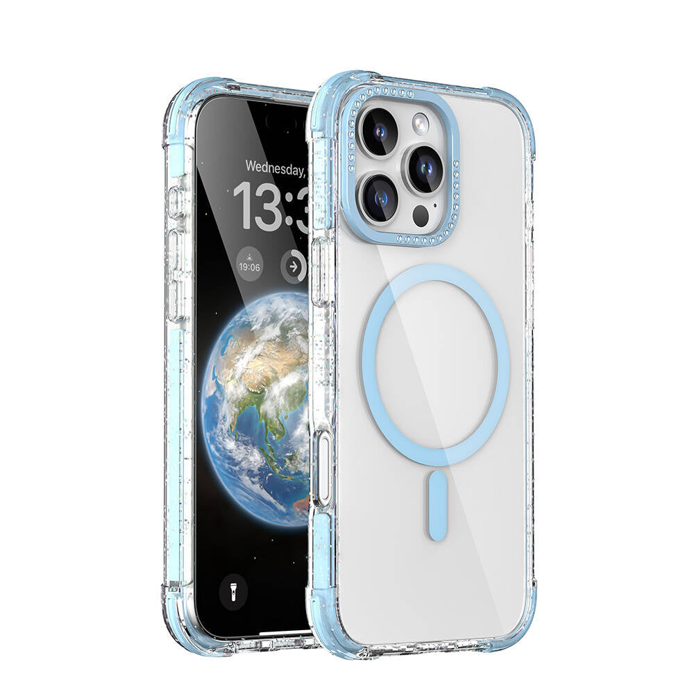 iPhone 16 Pro Max Kılıf Magsafe Şarj Özellikli Taşlı ve Simli Tasarım Mutural Blink Kılıf Mavi