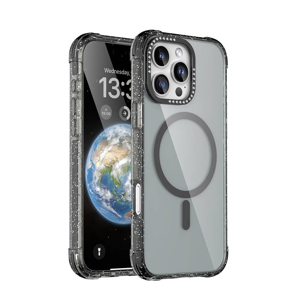 iPhone 16 Pro Max Kılıf Magsafe Şarj Özellikli Taşlı ve Simli Tasarım Mutural Blink Kılıf Siyah