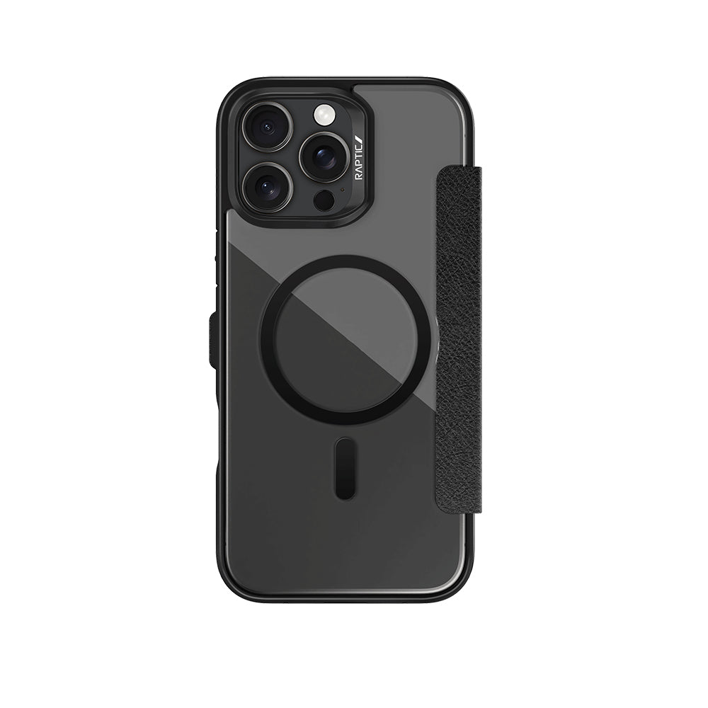 iPhone 16 Pro Max Kılıf Magsafe Şarj Özellikli Vegan Deri Tasarımlı Şeffaf Arka Yüzey Kartlıklı Raptic Urban Folio Serisi Kılıf Siyah