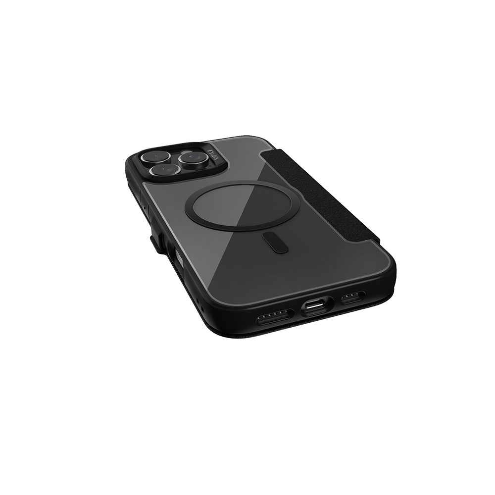 iPhone 16 Pro Max Kılıf Magsafe Şarj Özellikli Vegan Deri Tasarımlı Şeffaf Arka Yüzey Kartlıklı Raptic Urban Folio Serisi Kılıf Siyah
