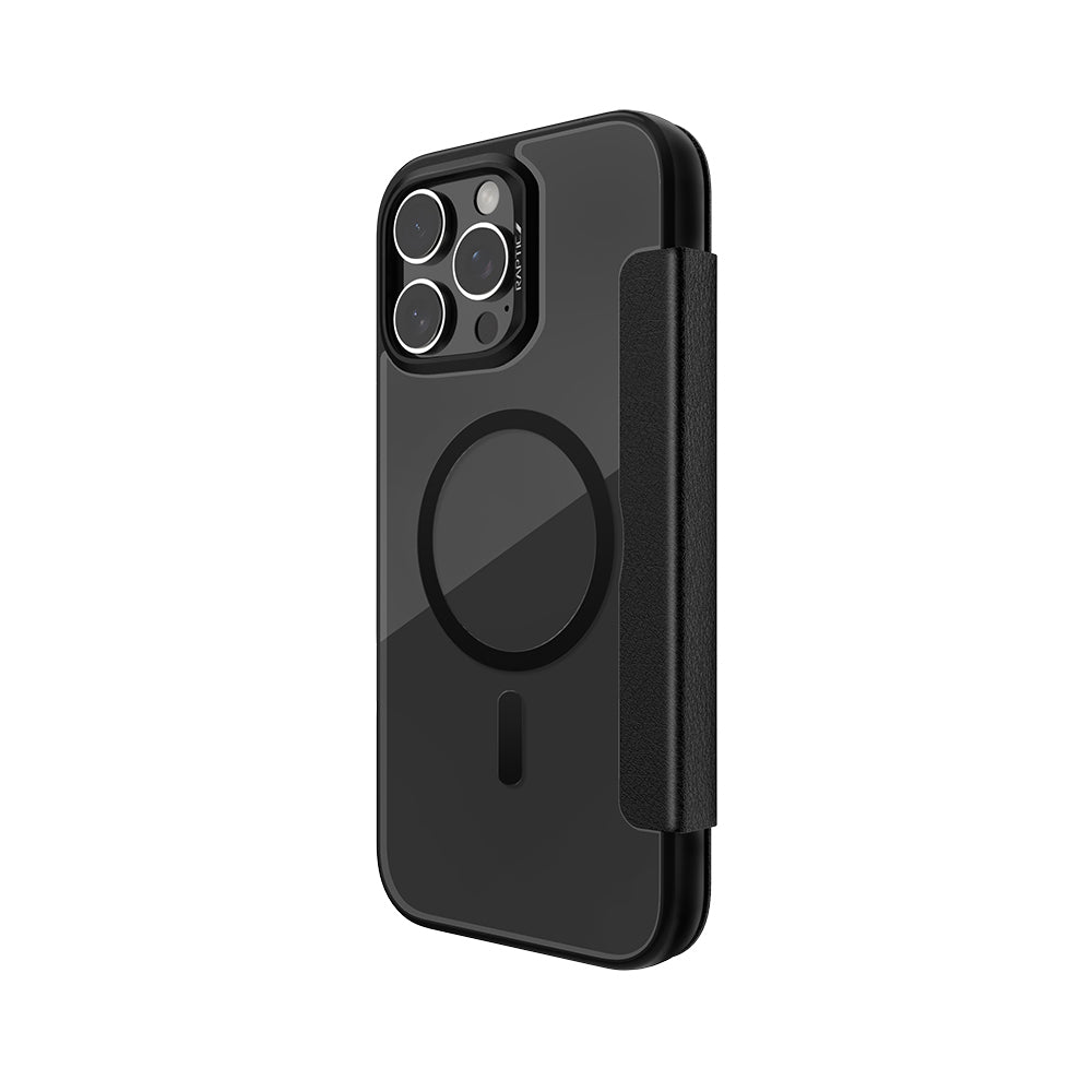 iPhone 16 Pro Max Kılıf Magsafe Şarj Özellikli Vegan Deri Tasarımlı Şeffaf Arka Yüzey Kartlıklı Raptic Urban Folio Serisi Kılıf Siyah