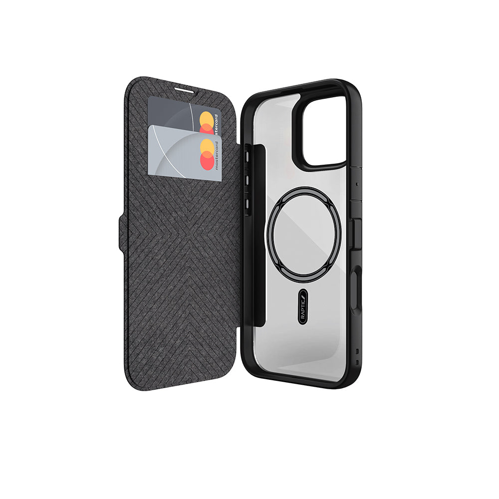 iPhone 16 Pro Max Kılıf Magsafe Şarj Özellikli Vegan Deri Tasarımlı Şeffaf Arka Yüzey Kartlıklı Raptic Urban Folio Serisi Kılıf Siyah
