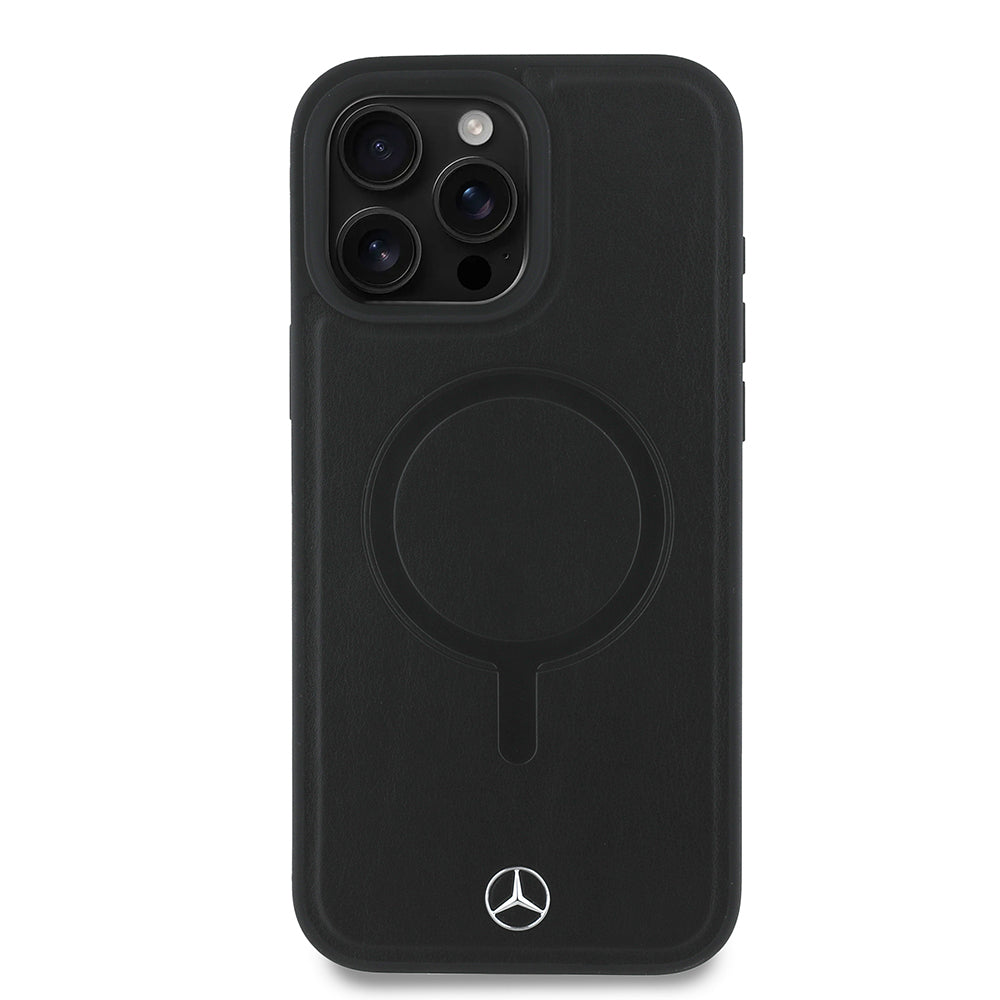 Apple iPhone 16 Pro Max Kılıf Mercedes Benz Orjinal Lisanslı M-safe Şarj Özellikli Metal Yıldız Logolu Sade Pürüzsüz Deri Kapak Siyah
