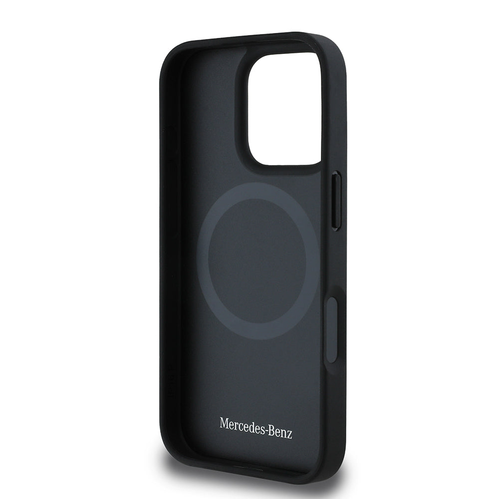 Apple iPhone 16 Pro Max Kılıf Mercedes Benz Orjinal Lisanslı M-safe Şarj Özellikli 3D Metal Logolu Mavi Dikey Eğri Çizgili Deri Kapak Siyah