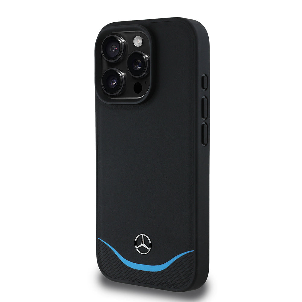 Apple iPhone 16 Pro Max Kılıf Mercedes Benz Orjinal Lisanslı M-safe Şarj Özellikli 3D Metal Logolu Mavi Yatay Eğri Çizgili Deri Kapak Siyah