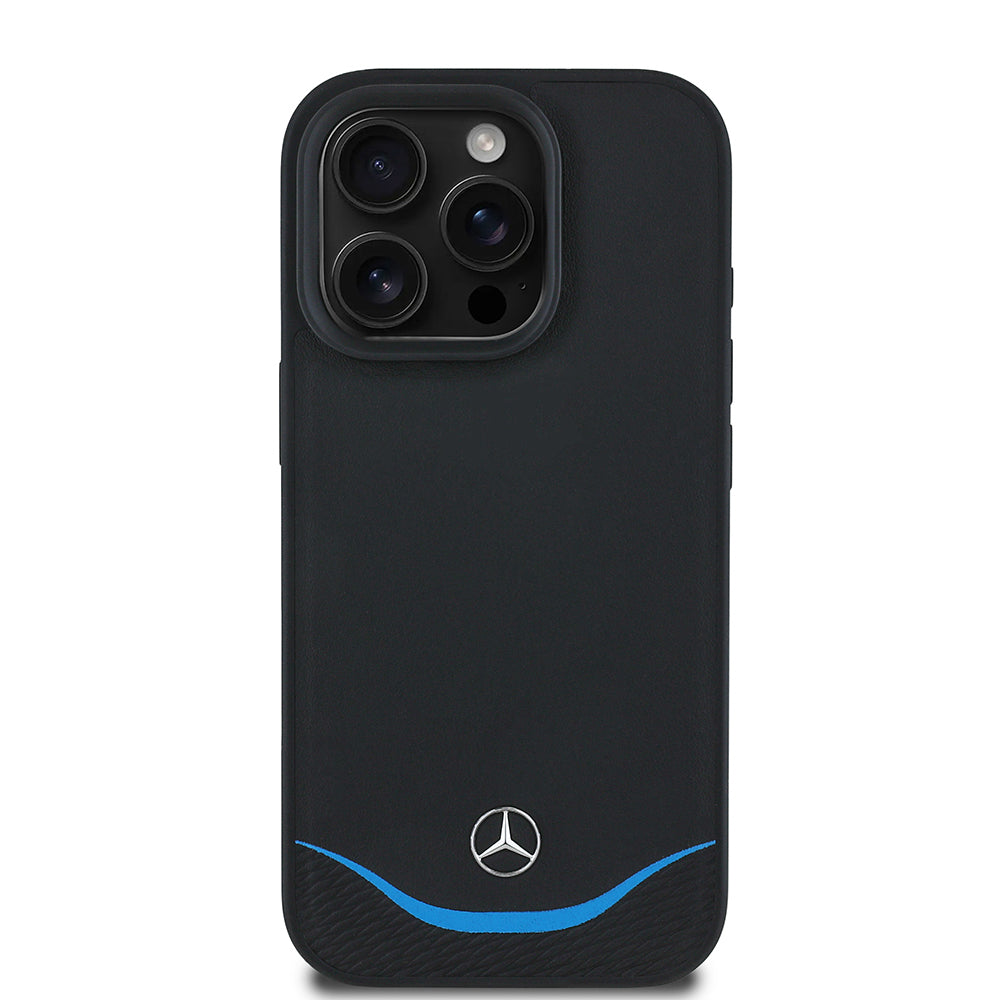 Apple iPhone 16 Pro Max Kılıf Mercedes Benz Orjinal Lisanslı M-safe Şarj Özellikli 3D Metal Logolu Mavi Yatay Eğri Çizgili Deri Kapak Siyah