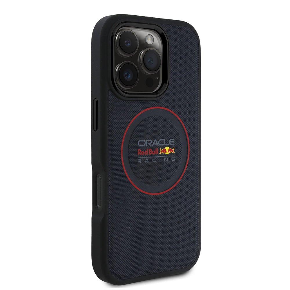 Apple iPhone 16 Pro Max Kılıf Redbull Orjinal Lisanslı Magsafe Şarj Özellikli Kırmızı Halka ve Logo Kabartmalı PU Deri Kapak Lacivert