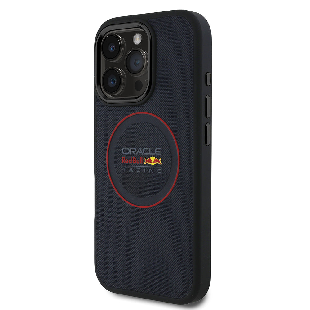Apple iPhone 16 Pro Max Kılıf Redbull Orjinal Lisanslı Magsafe Şarj Özellikli Kırmızı Halka ve Logo Kabartmalı PU Deri Kapak Lacivert
