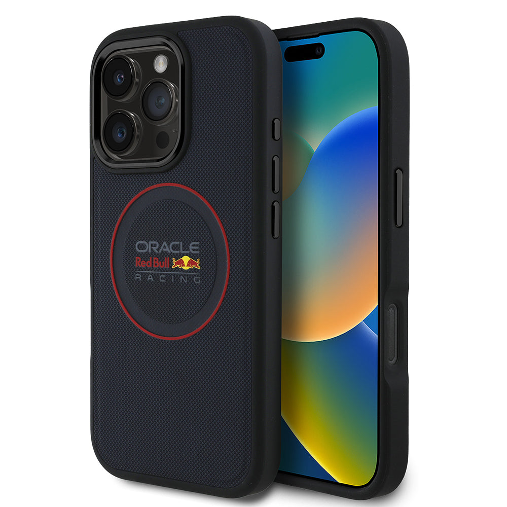 Apple iPhone 16 Pro Max Kılıf Redbull Orjinal Lisanslı Magsafe Şarj Özellikli Kırmızı Halka ve Logo Kabartmalı PU Deri Kapak Lacivert