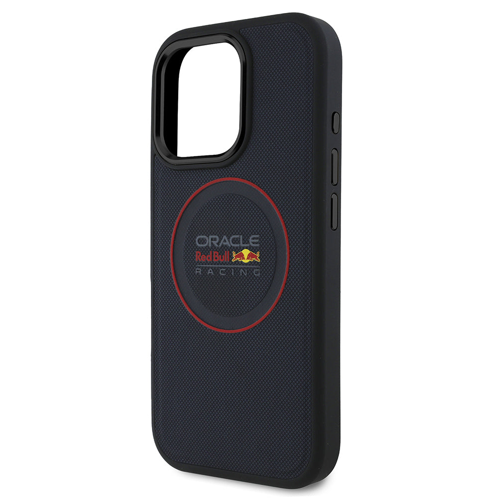 Apple iPhone 16 Pro Max Kılıf Redbull Orjinal Lisanslı Magsafe Şarj Özellikli Kırmızı Halka ve Logo Kabartmalı PU Deri Kapak Lacivert