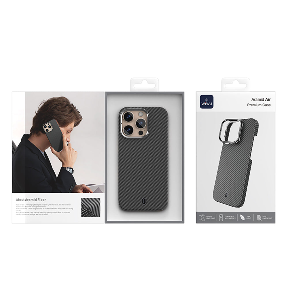 Apple iPhone 16 Pro Max Kılıf Wiwu DCC-206 Magsafe Şarj Özellikli Kamera Standlı Aramid Fiber Tasarım Kevlar Kapak Siyah