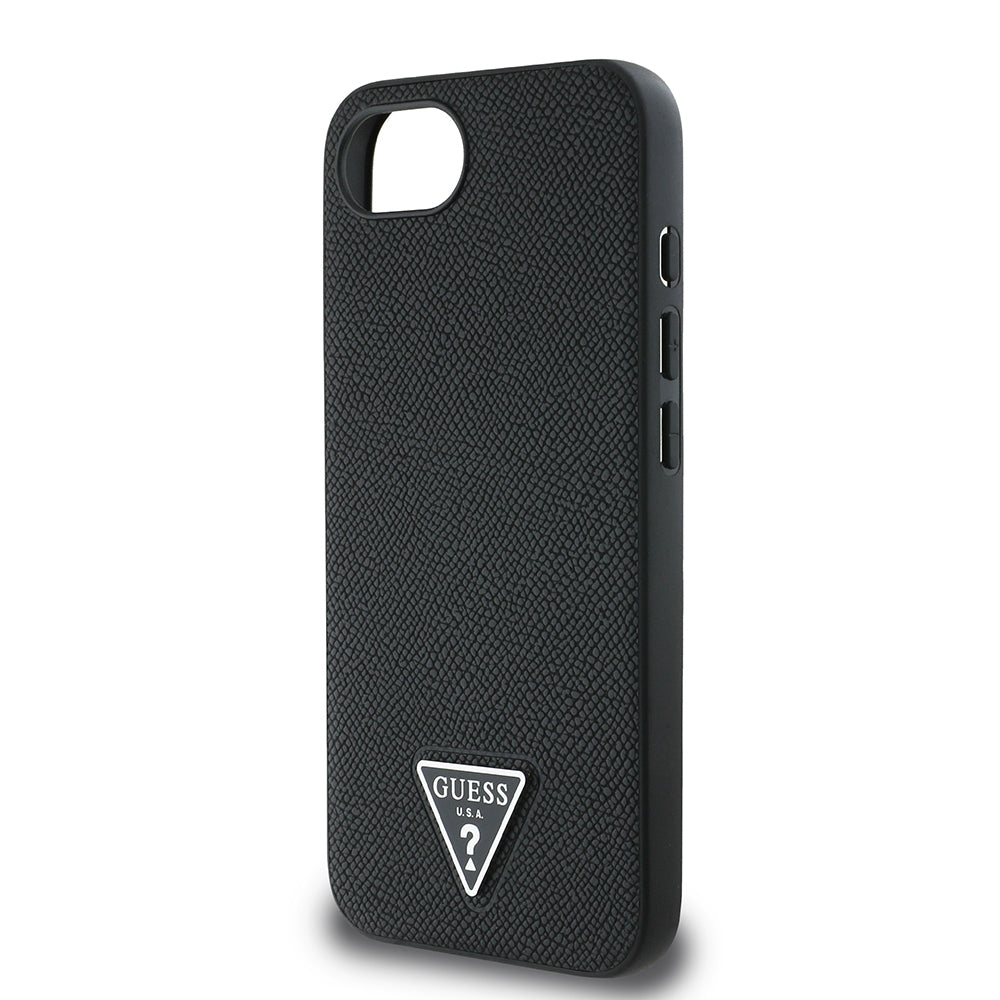Apple iPhone 16E Kılıf Guess Orjinal Lisanslı M-safe Şarj Özellikli Grained Triangle Kapak Siyah
