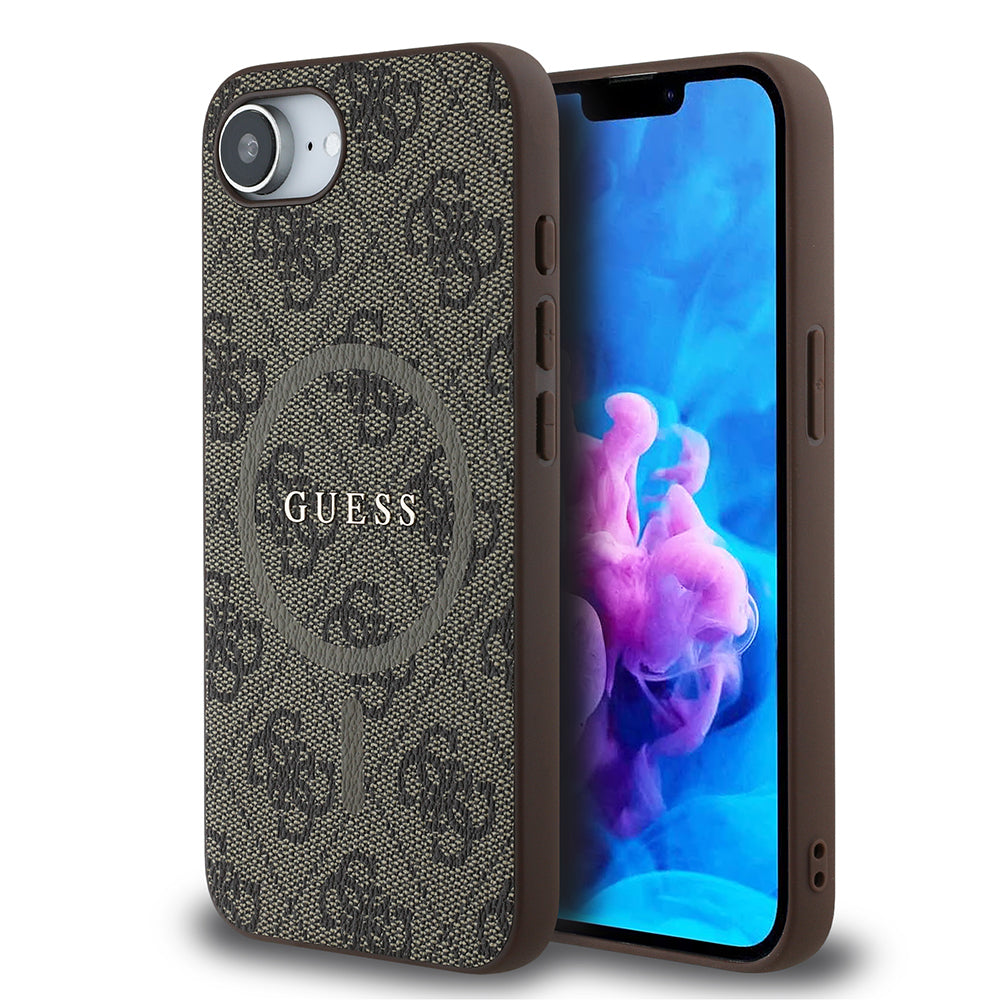 Apple iPhone 16E Kılıf Guess Orjinal Lisanslı M-safe Şarj Özellikli PU Halkalı 4G Desenli Yazı Logolu Kapak Kahverengi