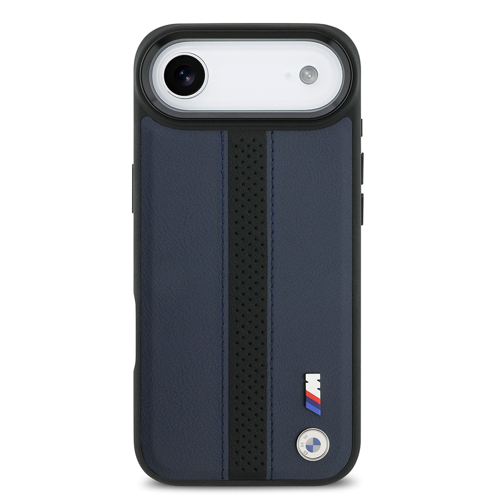 Apple iPhone 17 Air Kılıf BMW Orjinal Lisanslı M-safe Şarj Özellikli Deri Arka Yüzey Metal Logolu Delikli Şerit Tasarımlı Kapak Lacivert