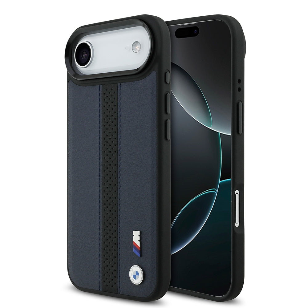 Apple iPhone 17 Air Kılıf BMW Orjinal Lisanslı M-safe Şarj Özellikli Deri Arka Yüzey Metal Logolu Delikli Şerit Tasarımlı Kapak Lacivert