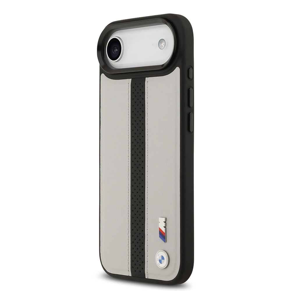 Apple iPhone 17 Air Kılıf BMW Orjinal Lisanslı M-safe Şarj Özellikli Deri Arka Yüzey Metal Logolu Delikli Şerit Tasarımlı Kapak Gri