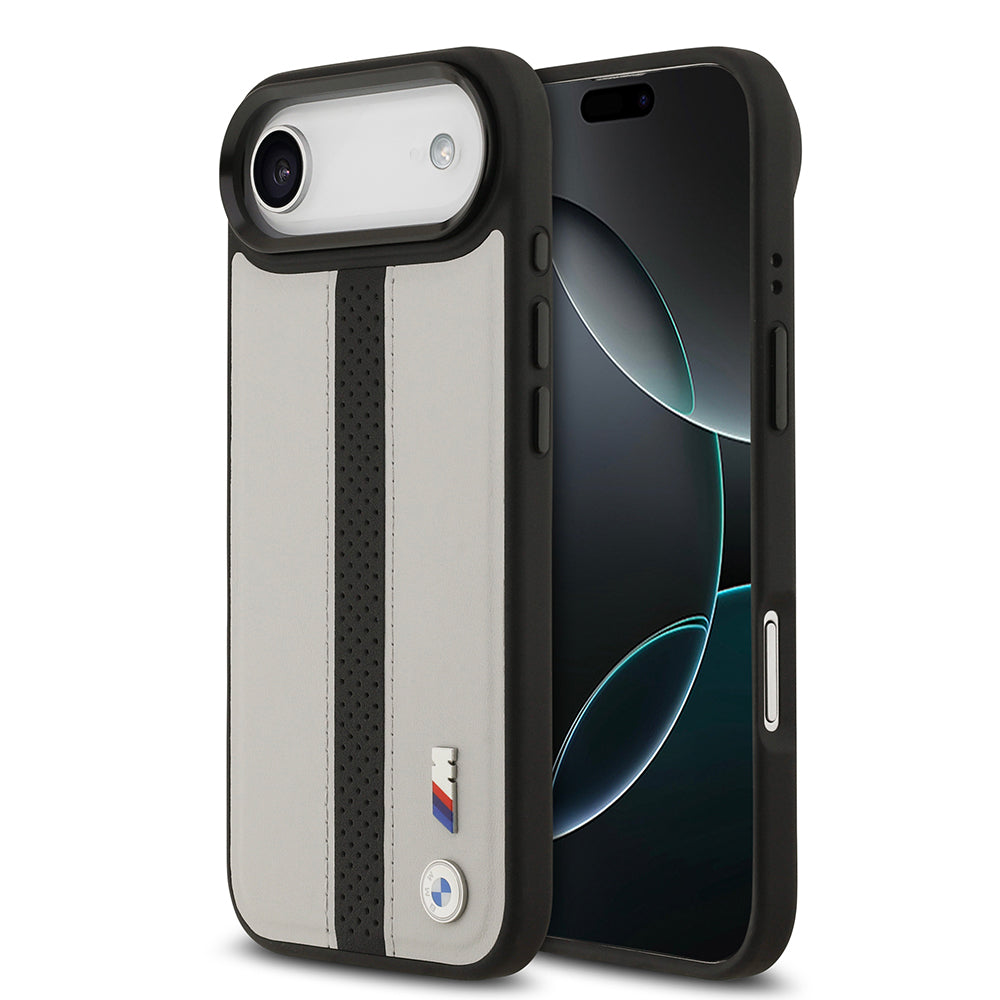 Apple iPhone 17 Air Kılıf BMW Orjinal Lisanslı M-safe Şarj Özellikli Deri Arka Yüzey Metal Logolu Delikli Şerit Tasarımlı Kapak Gri