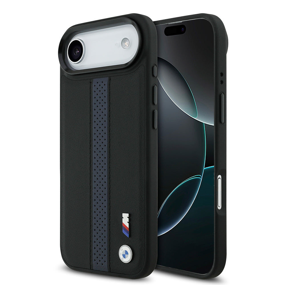 Apple iPhone 17 Air Kılıf BMW Orjinal Lisanslı M-safe Şarj Özellikli Deri Arka Yüzey Metal Logolu Delikli Şerit Tasarımlı Kapak Mavi