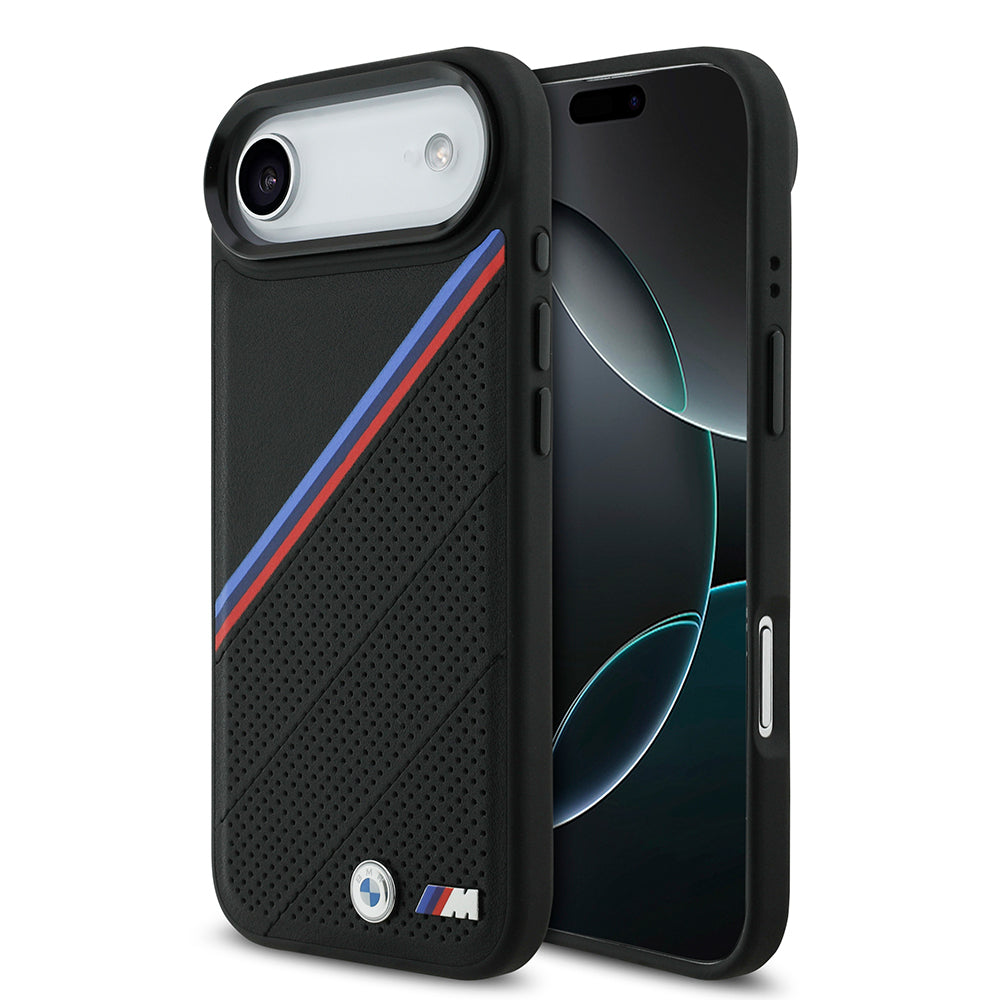 Apple iPhone 17 Air Kılıf BMW Orjinal Lisanslı M-safe Şarj Özellikli M Logolu Üç Şeritli Delikli Deri Kapak Siyah