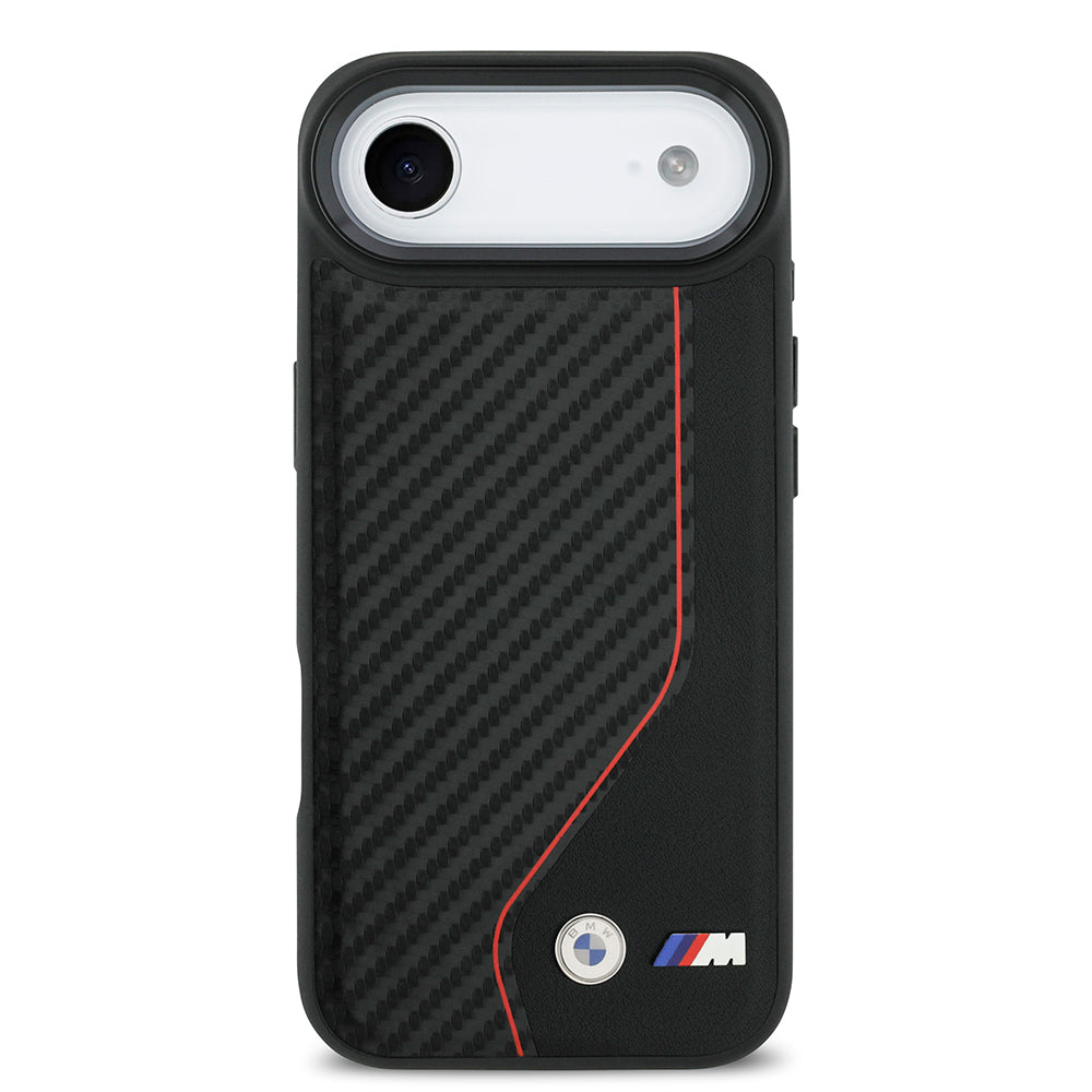 Apple iPhone 17 Air Kılıf BMW Orjinal Lisanslı M-safe Şarj Özellikli Metal BMW ve M Logolu PU Karbon Tasarımlı Kapak Kırmızı