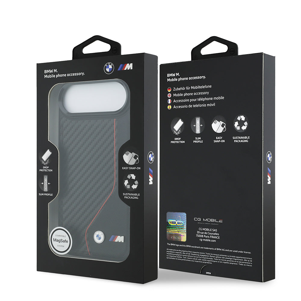 Apple iPhone 17 Air Kılıf BMW Orjinal Lisanslı M-safe Şarj Özellikli Metal BMW ve M Logolu PU Karbon Tasarımlı Kapak Siyah