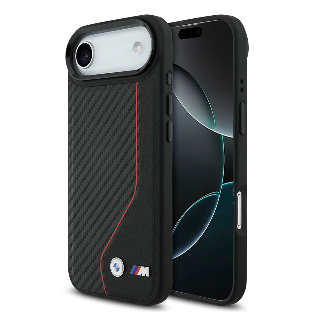 Apple iPhone 17 Air Kılıf BMW Orjinal Lisanslı M-safe Şarj Özellikli Metal BMW ve M Logolu PU Karbon Tasarımlı Kapak Siyah