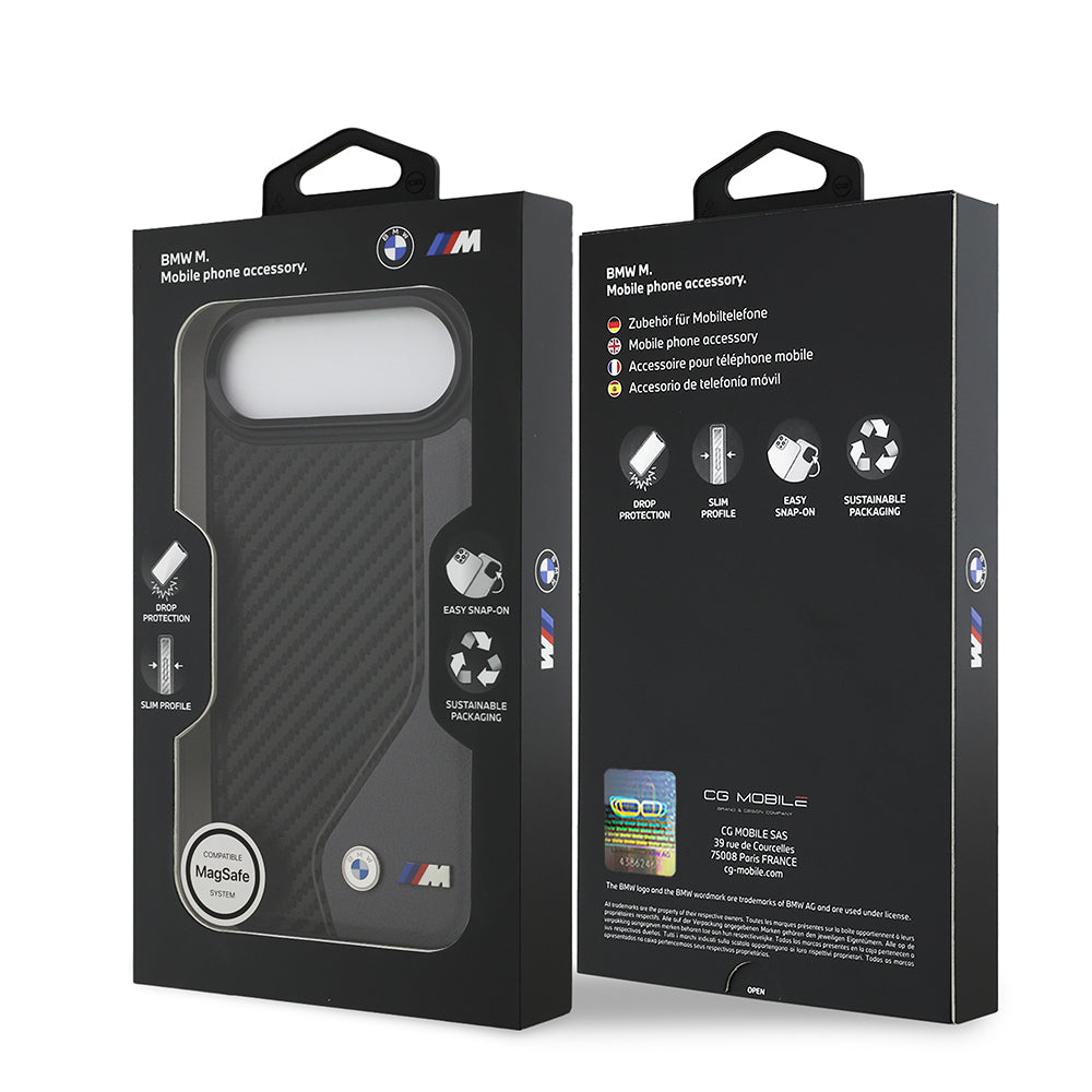 Apple iPhone 17 Air Kılıf BMW Orjinal Lisanslı M-safe Şarj Özellikli Metal BMW ve M Logolu PU Karbon Tasarımlı Kapak Siyah
