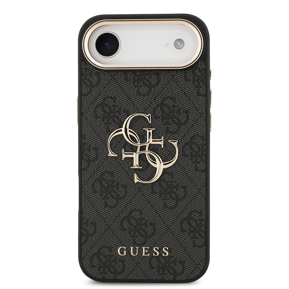 Apple iPhone 17 Air Kılıf Guess Orjinal Lisanslı Gold Metal Kamera Çerçeveli 4G Desenli Metal Büyük 4G ve Yazı Logolu Kapak Siyah