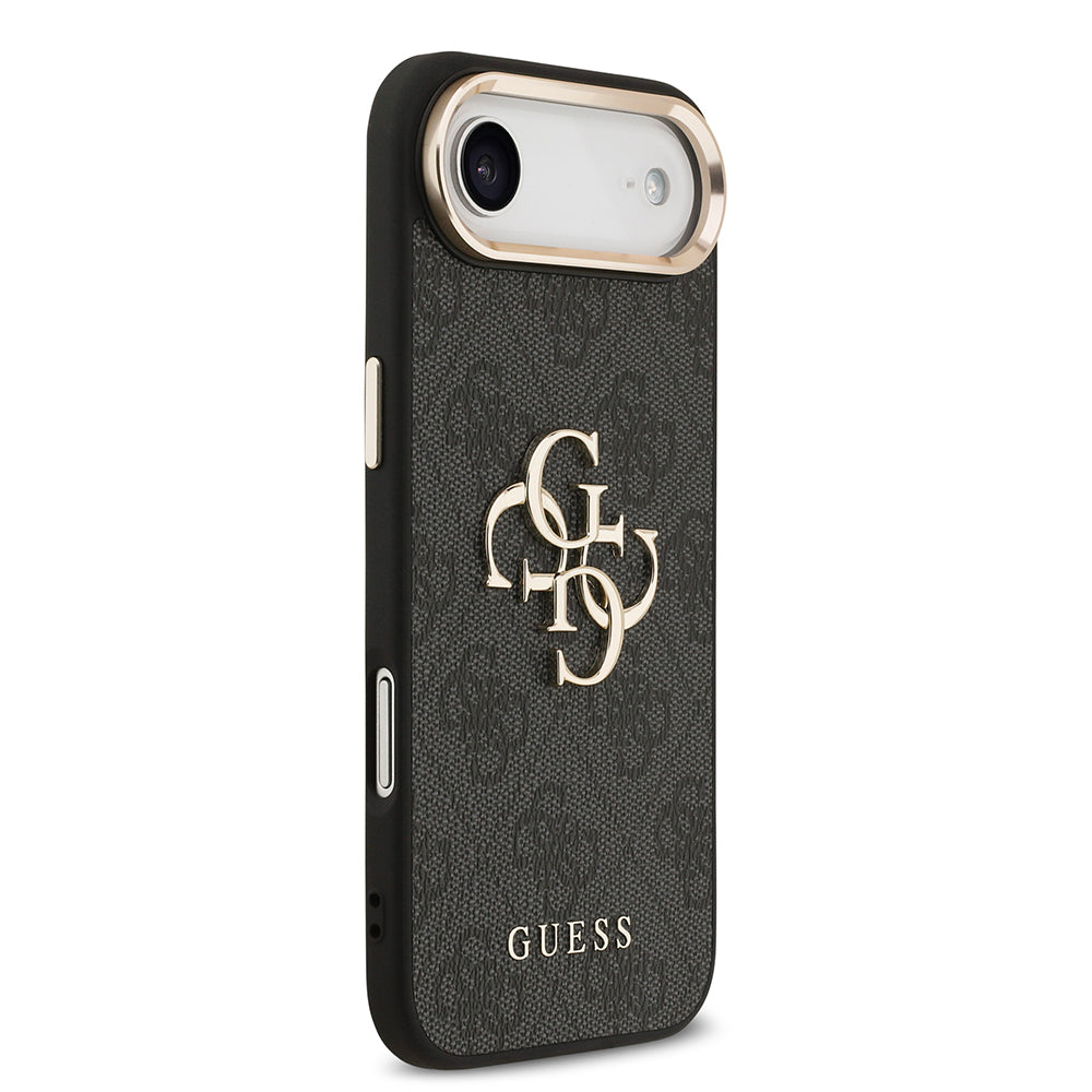 Apple iPhone 17 Air Kılıf Guess Orjinal Lisanslı Gold Metal Kamera Çerçeveli 4G Desenli Metal Büyük 4G ve Yazı Logolu Kapak Siyah