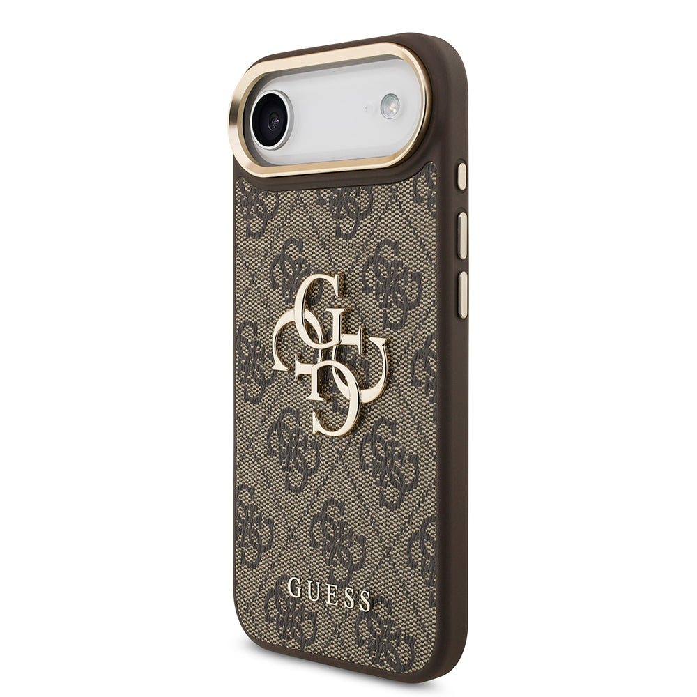 Apple iPhone 17 Air Kılıf Guess Orjinal Lisanslı Gold Metal Kamera Çerçeveli 4G Desenli Metal Büyük 4G ve Yazı Logolu Kapak Kahverengi
