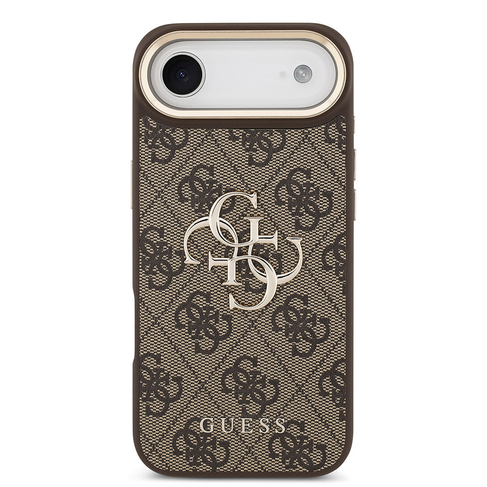 Apple iPhone 17 Air Kılıf Guess Orjinal Lisanslı Gold Metal Kamera Çerçeveli 4G Desenli Metal Büyük 4G ve Yazı Logolu Kapak Kahverengi