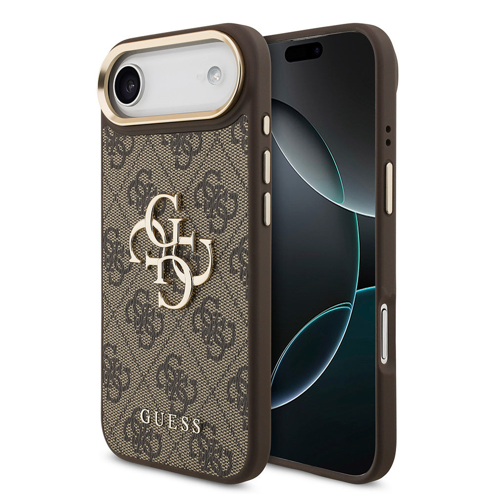 Apple iPhone 17 Air Kılıf Guess Orjinal Lisanslı Gold Metal Kamera Çerçeveli 4G Desenli Metal Büyük 4G ve Yazı Logolu Kapak Kahverengi