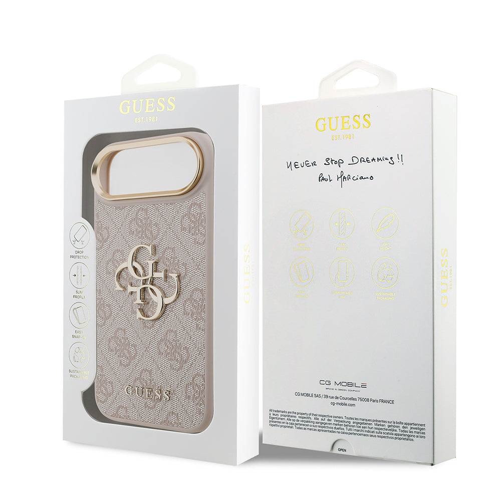 Apple iPhone 17 Air Kılıf Guess Orjinal Lisanslı Gold Metal Kamera Çerçeveli 4G Desenli Metal Büyük 4G ve Yazı Logolu Kapak Pembe