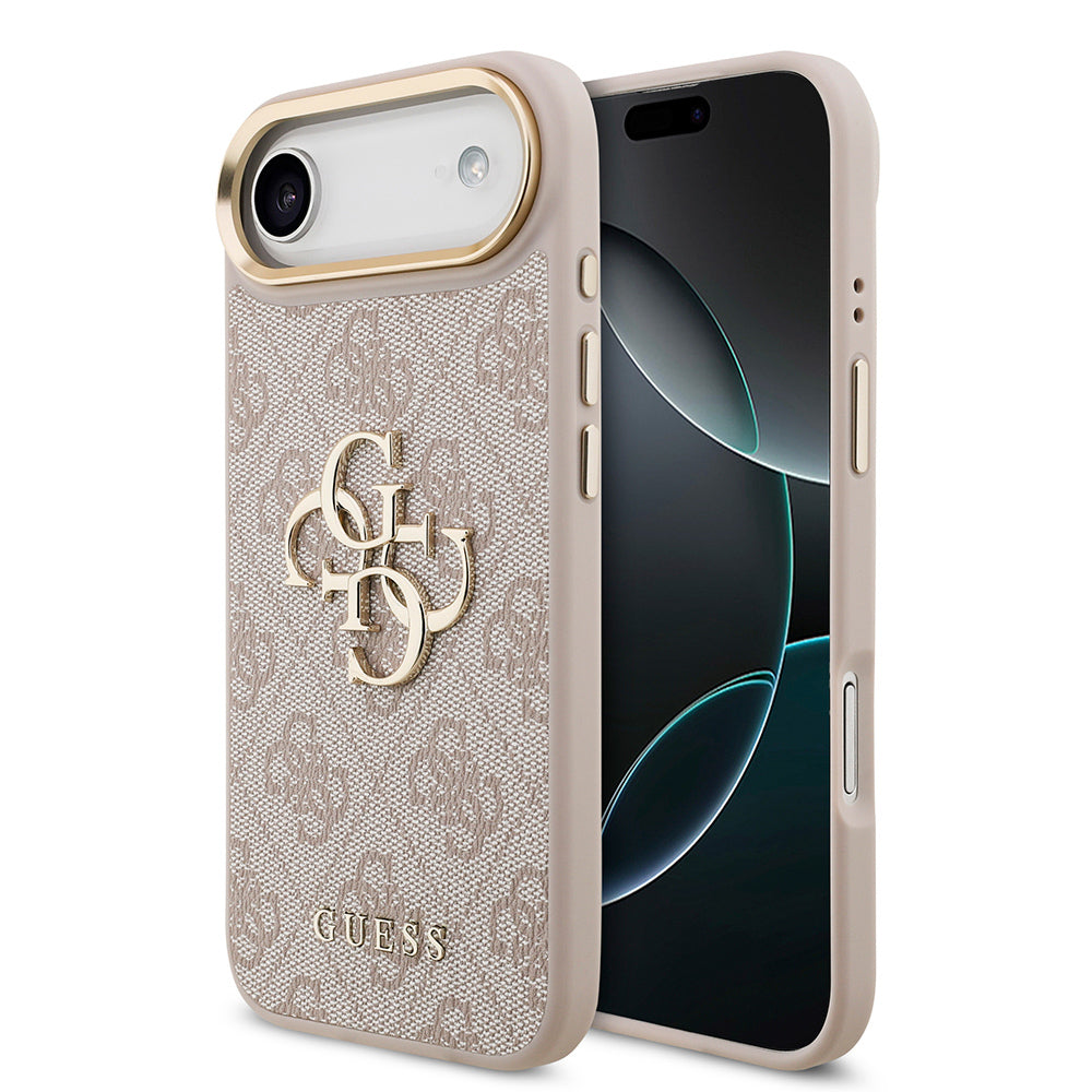 Apple iPhone 17 Air Kılıf Guess Orjinal Lisanslı Gold Metal Kamera Çerçeveli 4G Desenli Metal Büyük 4G ve Yazı Logolu Kapak Pembe