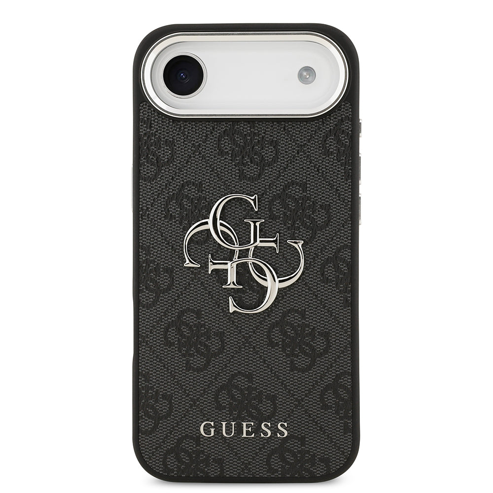 Apple iPhone 17 Air Kılıf Guess Orjinal Lisanslı Gümüş Metal Kamera Çerçeveli 4G Desenli Metal Büyük 4G ve Yazı Logolu Kapak Siyah