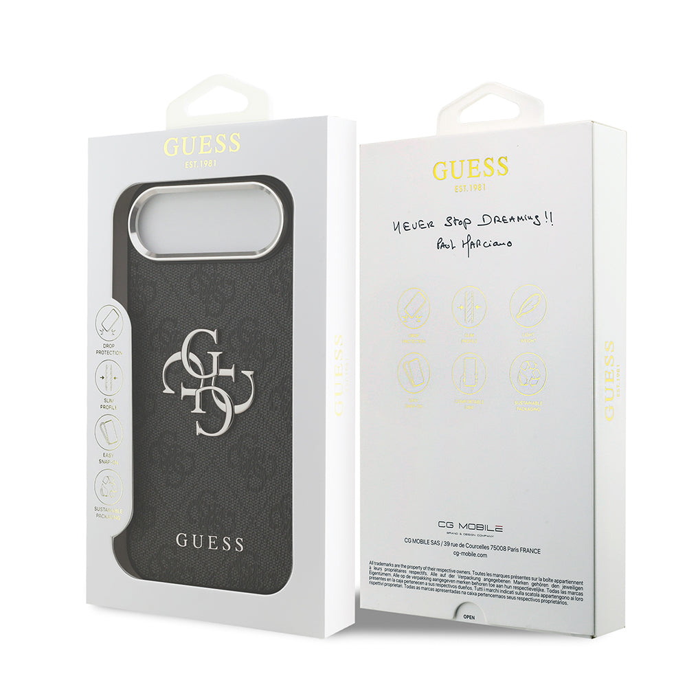Apple iPhone 17 Air Kılıf Guess Orjinal Lisanslı Gümüş Metal Kamera Çerçeveli 4G Desenli Metal Büyük 4G ve Yazı Logolu Kapak Siyah