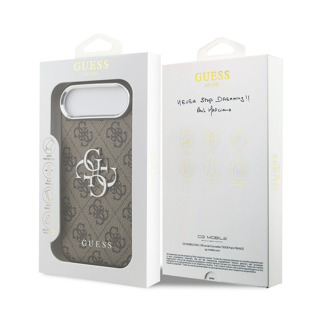 Apple iPhone 17 Air Kılıf Guess Orjinal Lisanslı Gümüş Metal Kamera Çerçeveli 4G Desenli Metal Büyük 4G ve Yazı Logolu Kapak Kahverengi
