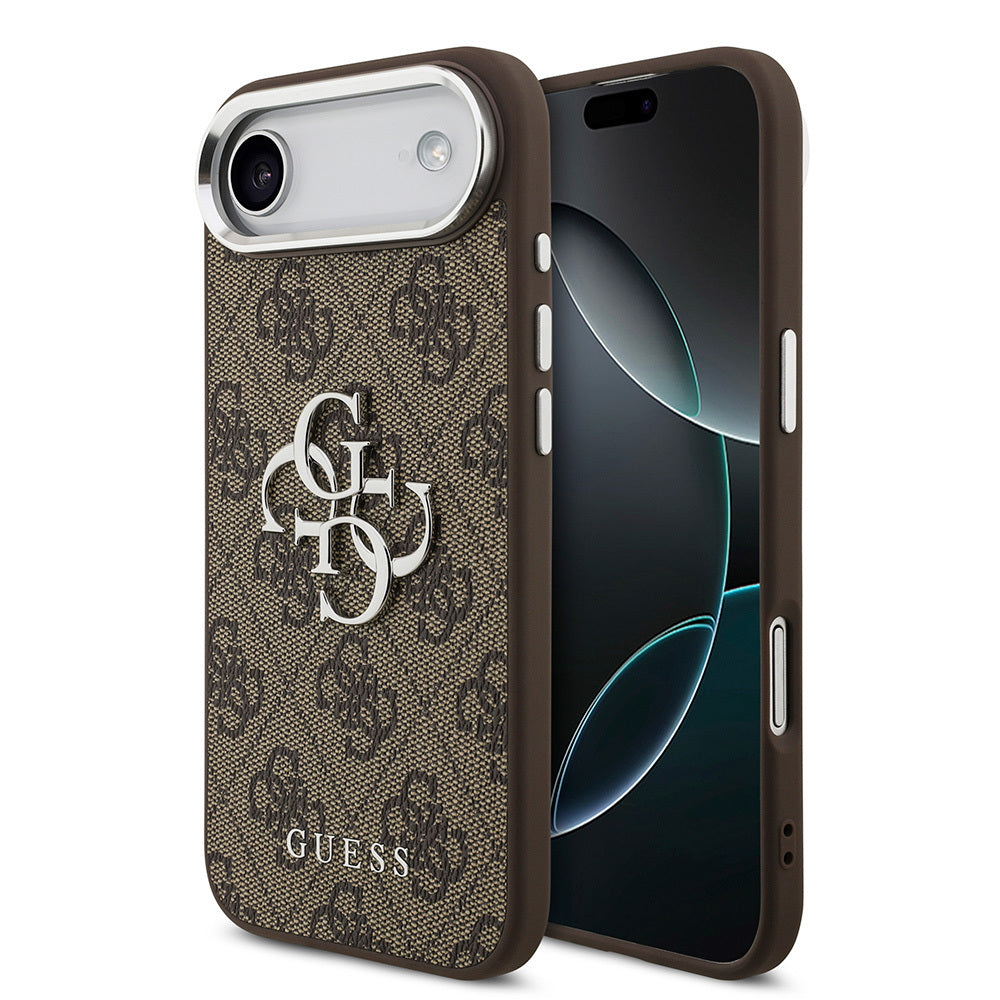 Apple iPhone 17 Air Kılıf Guess Orjinal Lisanslı Gümüş Metal Kamera Çerçeveli 4G Desenli Metal Büyük 4G ve Yazı Logolu Kapak Kahverengi