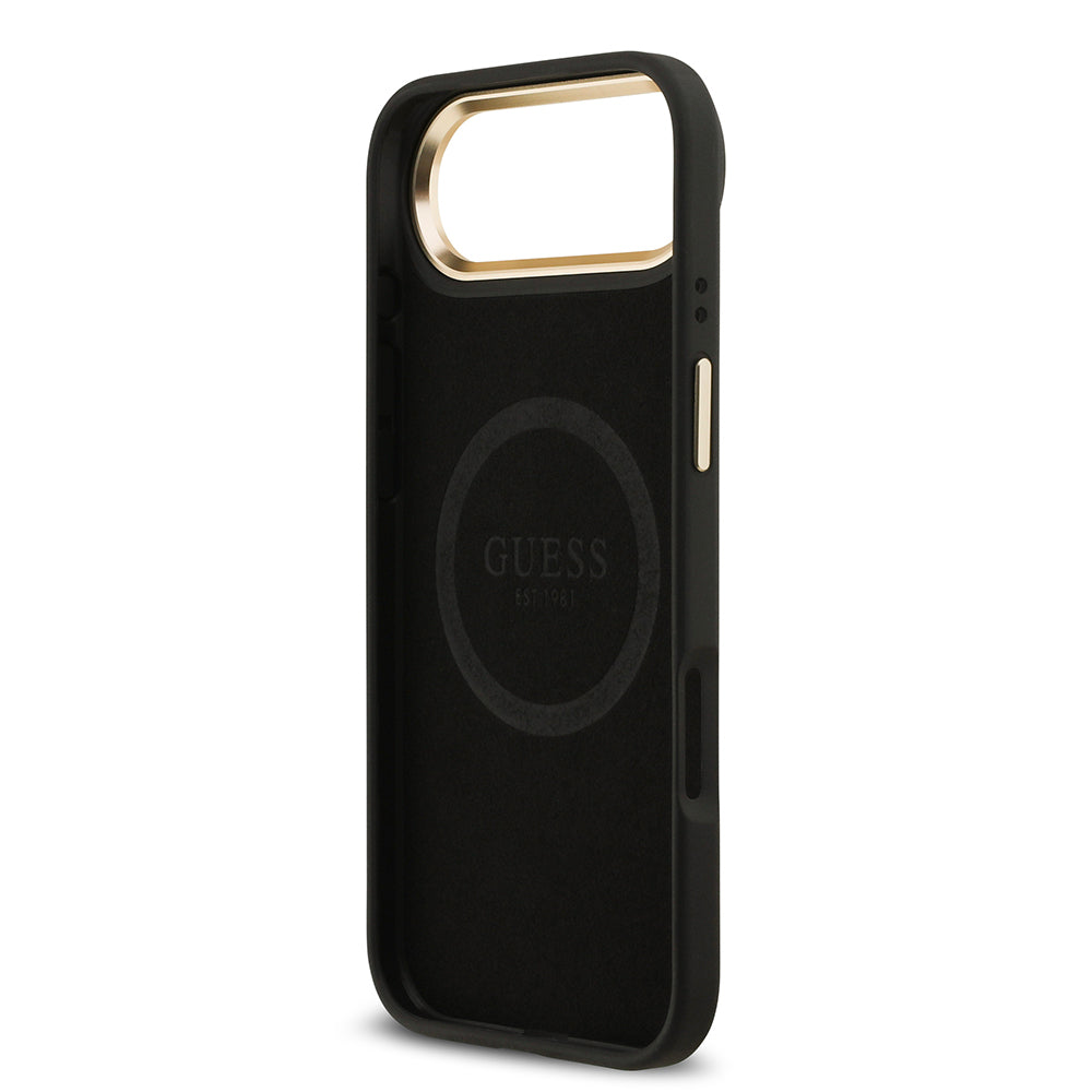 Apple iPhone 17 Air Kılıf Guess Orjinal Lisanslı M-safe Şarj Özellikli 4G Desenli PU Metal Plaka Klasik Logolu Kapak Siyah