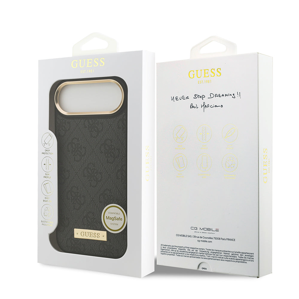 Apple iPhone 17 Air Kılıf Guess Orjinal Lisanslı M-safe Şarj Özellikli 4G Desenli PU Metal Plaka Klasik Logolu Kapak Siyah
