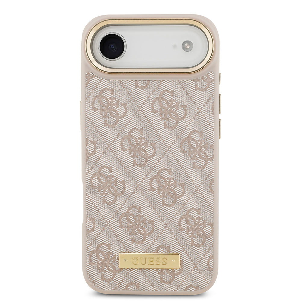 Apple iPhone 17 Air Kılıf Guess Orjinal Lisanslı M-safe Şarj Özellikli 4G Desenli PU Metal Plaka Klasik Logolu Kapak Pembe