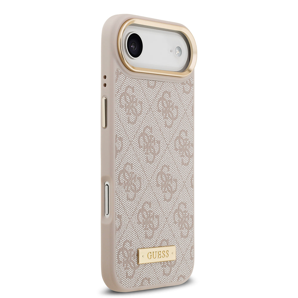 Apple iPhone 17 Air Kılıf Guess Orjinal Lisanslı M-safe Şarj Özellikli 4G Desenli PU Metal Plaka Klasik Logolu Kapak Pembe