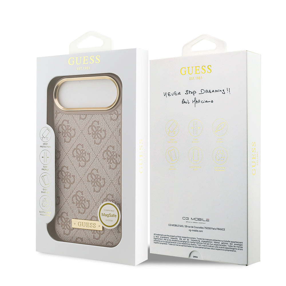 Apple iPhone 17 Air Kılıf Guess Orjinal Lisanslı M-safe Şarj Özellikli 4G Desenli PU Metal Plaka Klasik Logolu Kapak Pembe