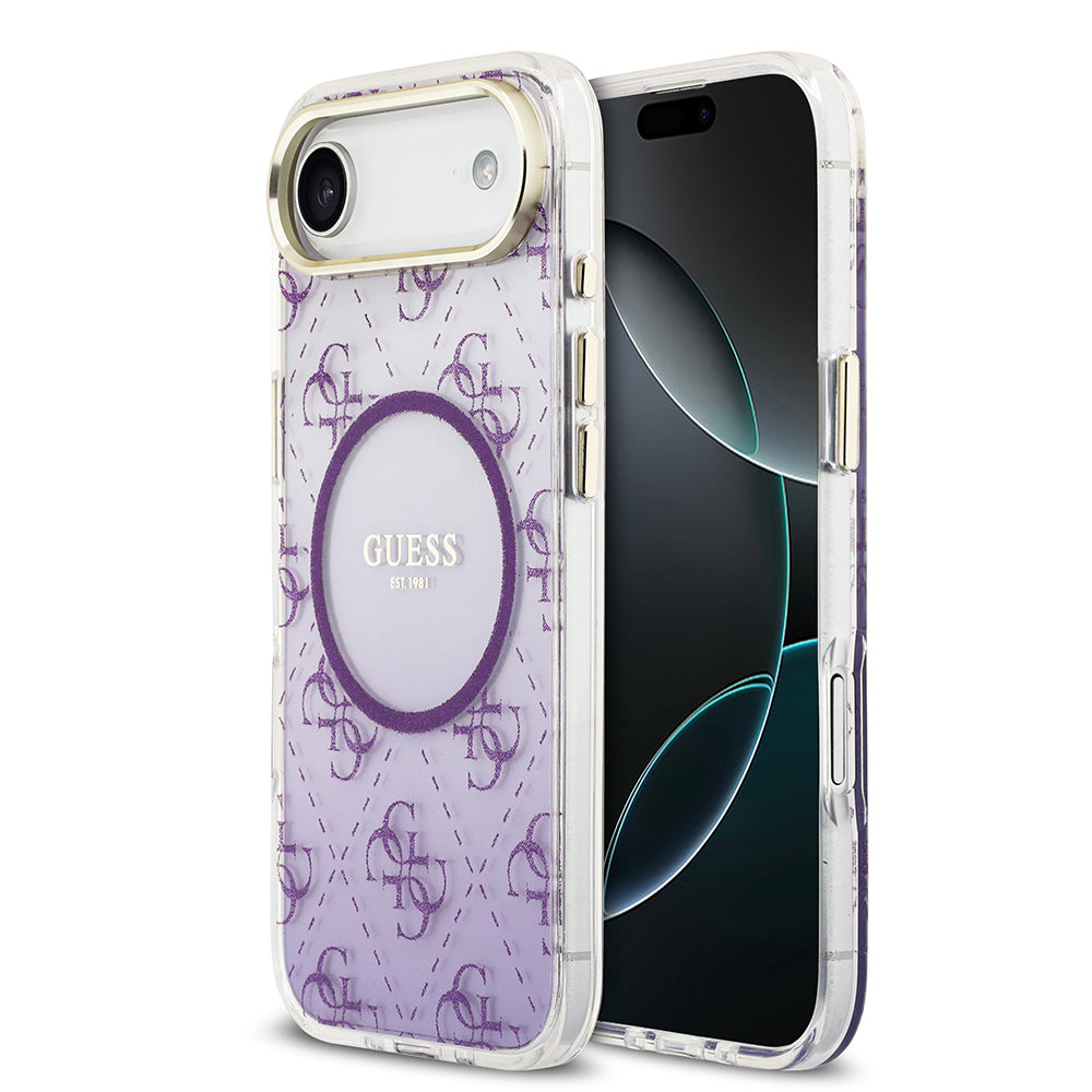 Apple iPhone 17 Air Kılıf Guess Orjinal Lisanslı M-safe Şarj Özellikli 4G Desenli Simli Silikon Kapak Mor