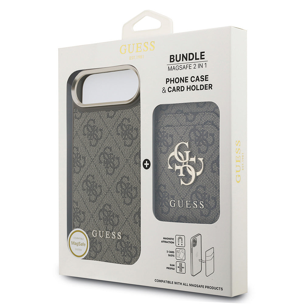Apple iPhone 17 Air Kılıf Guess Orjinal Lisanslı M-safe Şarj Özellikli 4G Metal Büyük Logolu Kartlıklı Kapak Kahverengi