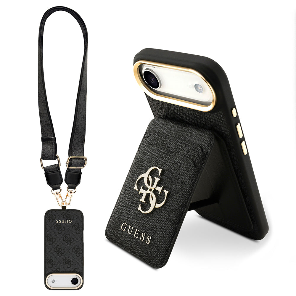 Apple iPhone 17 Air Kılıf Guess Orjinal Lisanslı M-safe Şarj Özellikli Askılı ve 4G Logo Kartlıklı Kapak Siyah