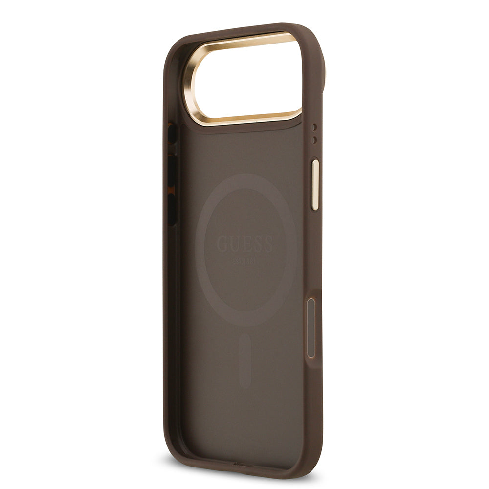 Apple iPhone 17 Air Kılıf Guess Orjinal Lisanslı M-safe Şarj Özellikli Gold Metal Kamera Çerçeveli PU Deri 4G Desenli Yazı Logolu Kapak Kahverengi