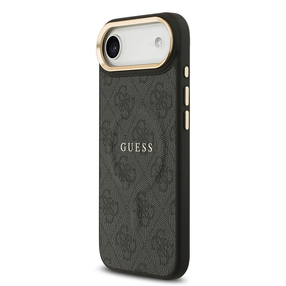 Apple iPhone 17 Air Kılıf Guess Orjinal Lisanslı M-safe Şarj Özellikli Gold Metal Kamera Çerçeveli PU Deri 4G Desenli Yazı Logolu Kapak Siyah